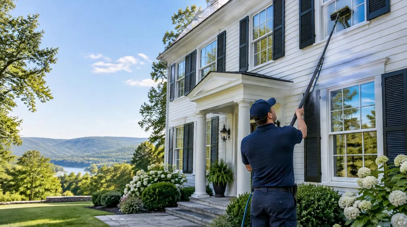 Technician cleaning windows with a water-fed pole