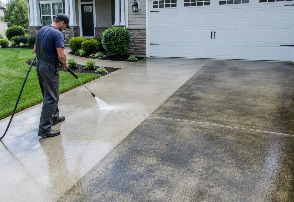 Technician pressure washing a house